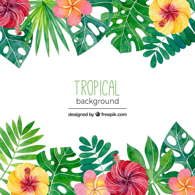 Fundo tropical com folhas e flores em estilo aquarela