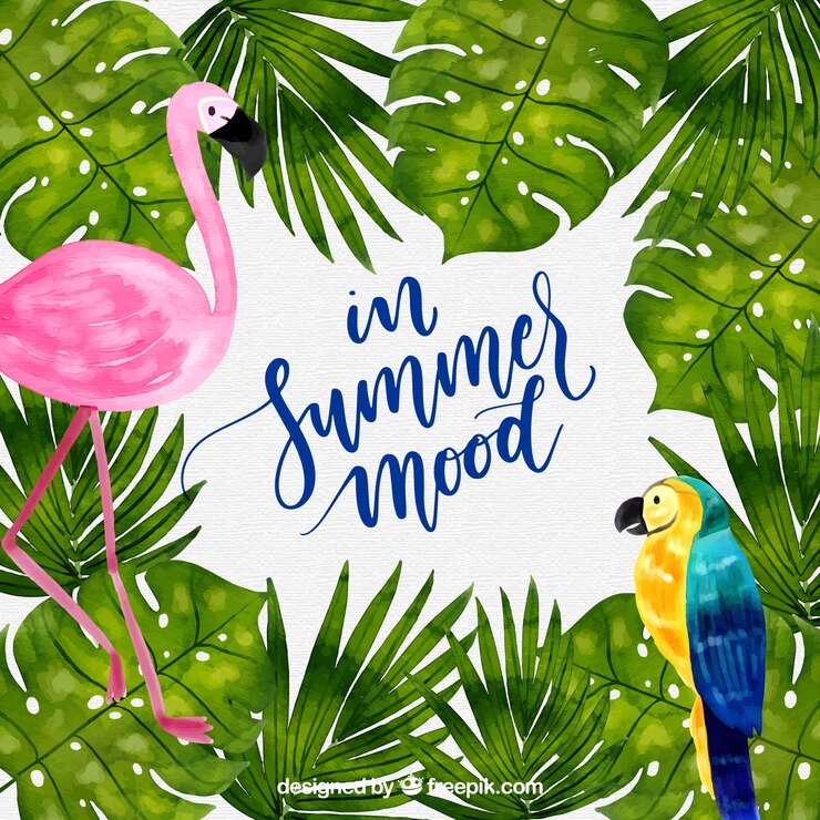 Vetor grátis fundo tropical com plantas e pássaros em aquarela