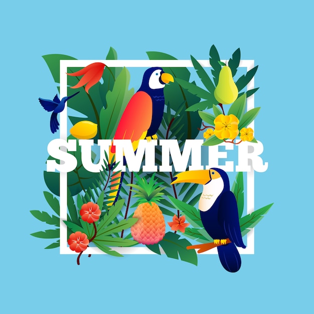 Fundo tropical de verão com ilustração de frutas e pássaros de plantas