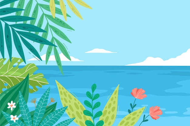 Fundo tropical de verão plano desenhado à mão