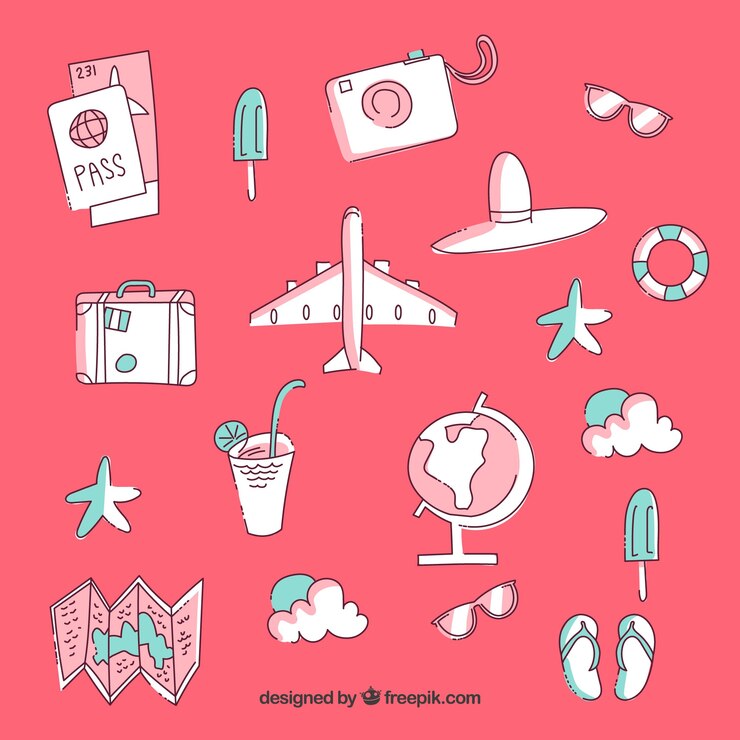 Vetor grátis fundo vermelho com elementos de viagem