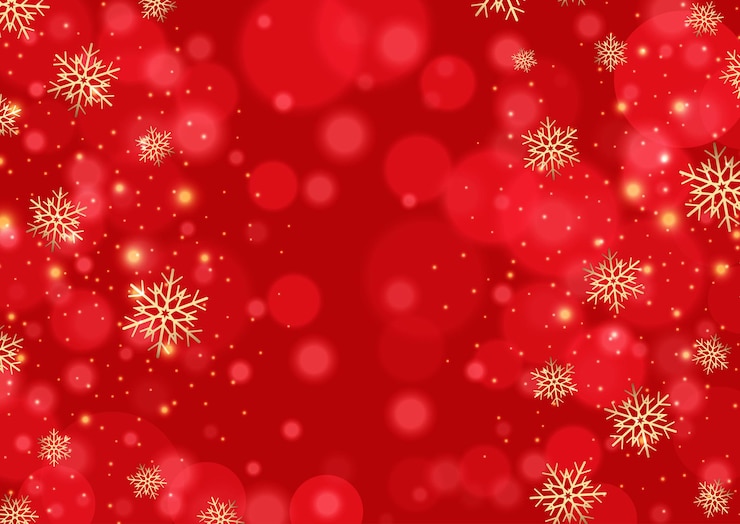 Vetor grátis fundo vermelho de natal com flocos de neve e design de luzes bokeh