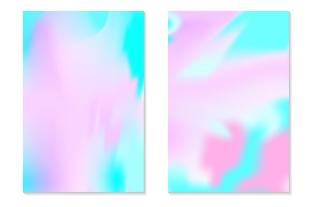 Fundos de holograma gradiente. conjunto de cartazes holográficos coloridos em estilo retro. textura pastel neon vibrante. modelo de gradiente vetorial para flyer, banner, tela do celular.