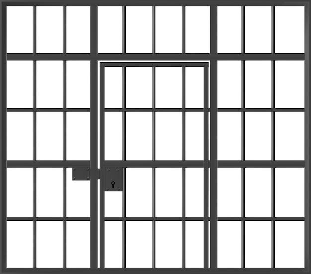 Gaiola de prisão com prisão de porta trancada com barras de metal