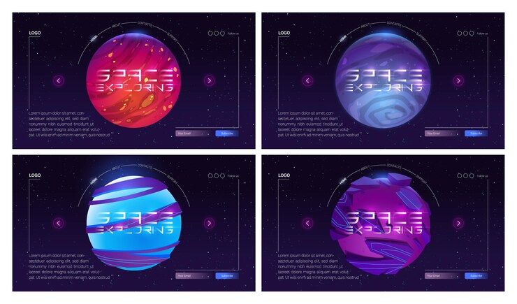 Vetor grátis galaxy travel cartoon landing page com planetas no espaço sideral objetos cósmicos no céu estrelado escuro cosmos e universo exploração aventura viagem científica fantasia futurista web banner