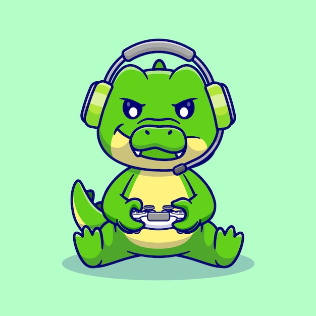 Gamer de crocodilo bonito jogando com fone de ouvido e joystick desenho vetorial ícone ilustração plana