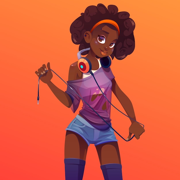 Vetor grátis garota afro dj com fones de ouvido no pescoço, roupas modernas e penteado encaracolado