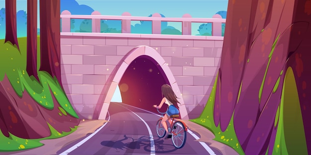 Vetor grátis garota andando de bicicleta no desenho animado da estrada de entrada do túnel ilustração de tráfego de velocidade na rodovia de montanha ciclo de personagem feminina na visão de perspectiva do caminho da rota subterrânea ponte de tijolos na colina com arco