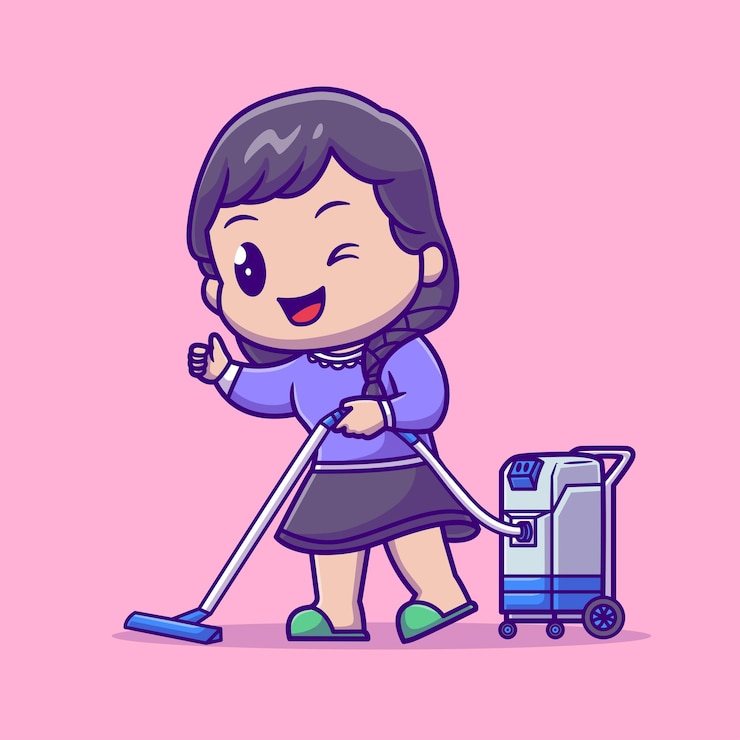 Vetor grátis garota bonita limpando com aspirador de poço ícone vetorial de desenho animado ilustração pessoas saudáveis apartamento isolado