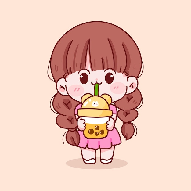 Vetor grátis garota bonita segurando chá de leite bolha ilustração de personagem de desenho animado desenhada à mão