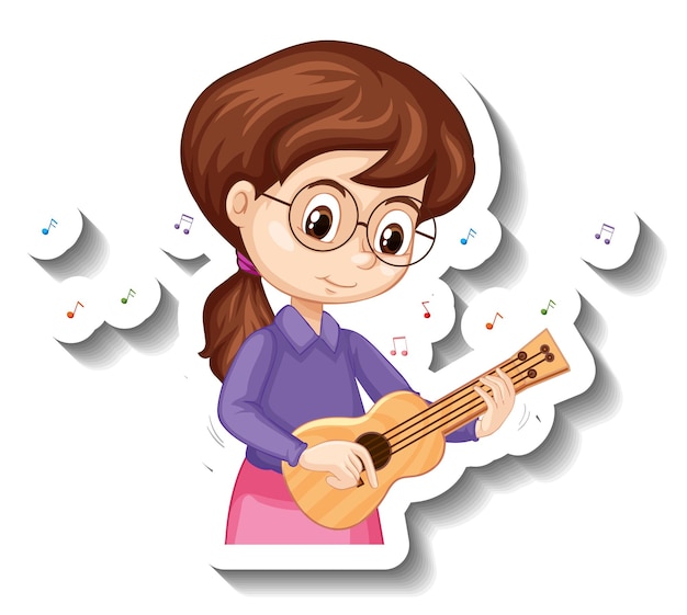 Garota de adesivo de personagem de desenho animado tocando instrumento musical de ukulele