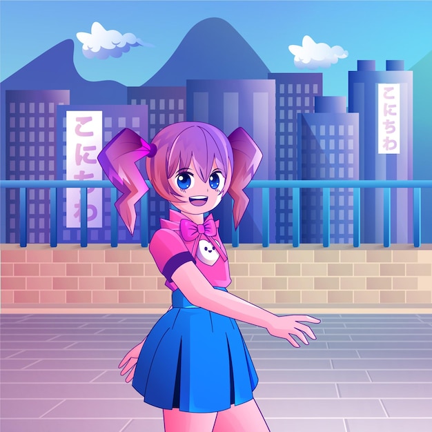 Vetor grátis garota de anime gradiente andando na rua