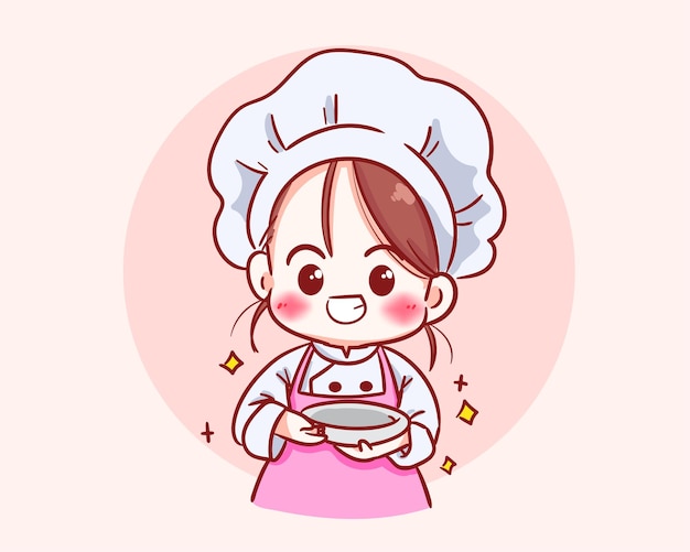 Garota de chef bonito em personagem uniforme sorrindo e segurando uma ilustração de arte dos desenhos animados de logotipo de restaurante de comida de prato