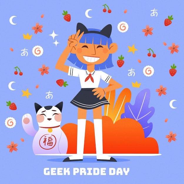 Garota de dia de orgulho nerd usando bandana e gato