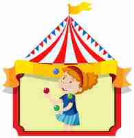 Vetor grátis garota feliz faz malabarismo com bolas com fundo de tenda