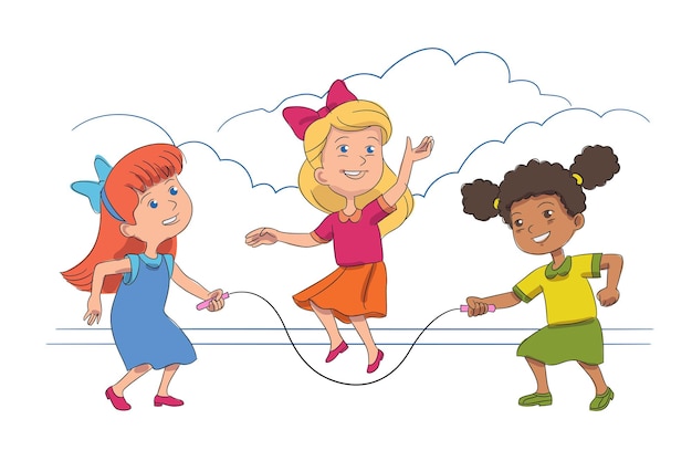Garota feliz pulando corda com amigos alunas jogam em jogos de atividades ao ar livre