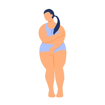 Garota gorda tem vergonha de seu corpo, amor próprio mulher gorda com figura curvilínea em vetor de estoque de lingerie