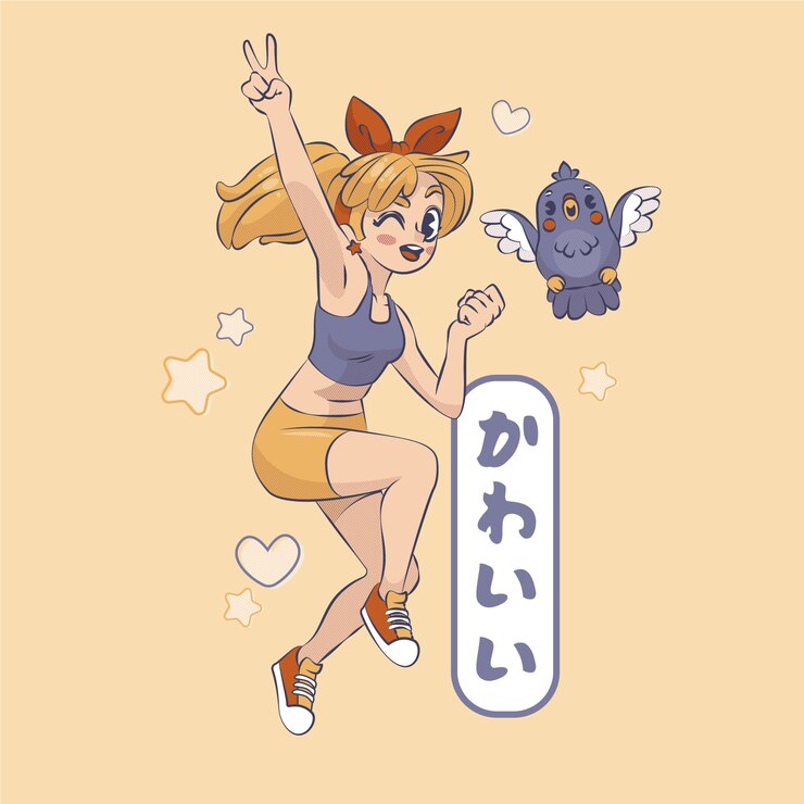 Vetor grátis garota kawaii desenhada de mão com ilustração de pássaros