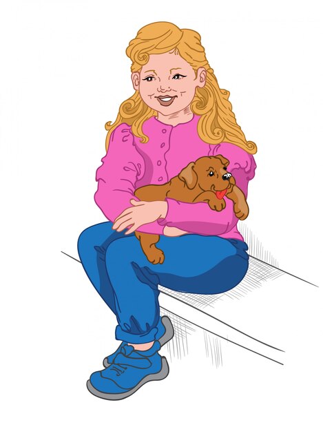 Garota loira feliz em jeans, tênis e blusa rosa segurando um cachorrinho no colo