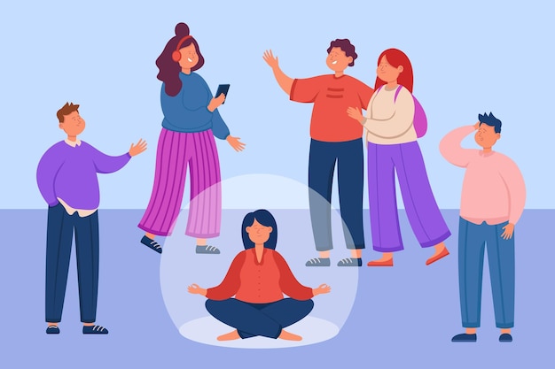 Garota na bolha rejeitando contato social ou interação. multidão de pessoas ao redor da mulher, pessoa evitando ilustração vetorial plana da sociedade. meditação, isolamento social, conceito de solidão para banner