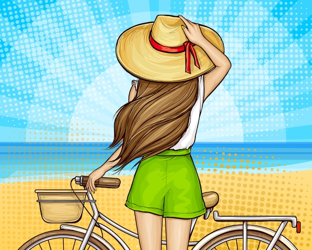 Vetor grátis garota pop art na praia com bicicleta