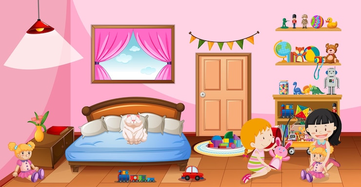 Vetor grátis garotas bonitas brincando com seus brinquedos na cena do quarto rosa