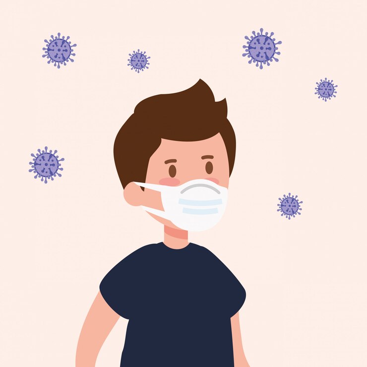 Vetor grátis garoto bonito usando máscara facial com partículas cobertas 19 ilustração design