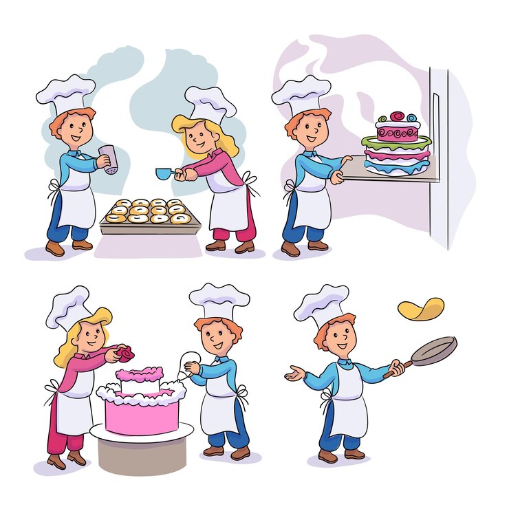 Vetor grátis garoto cozinhando assando decoração doce conjunto meninas e meninos preparando bolo biscoitos tortas panquecas crianças chefe preparando refeição saborosa pequenos personagens de padeiro confeiteiro