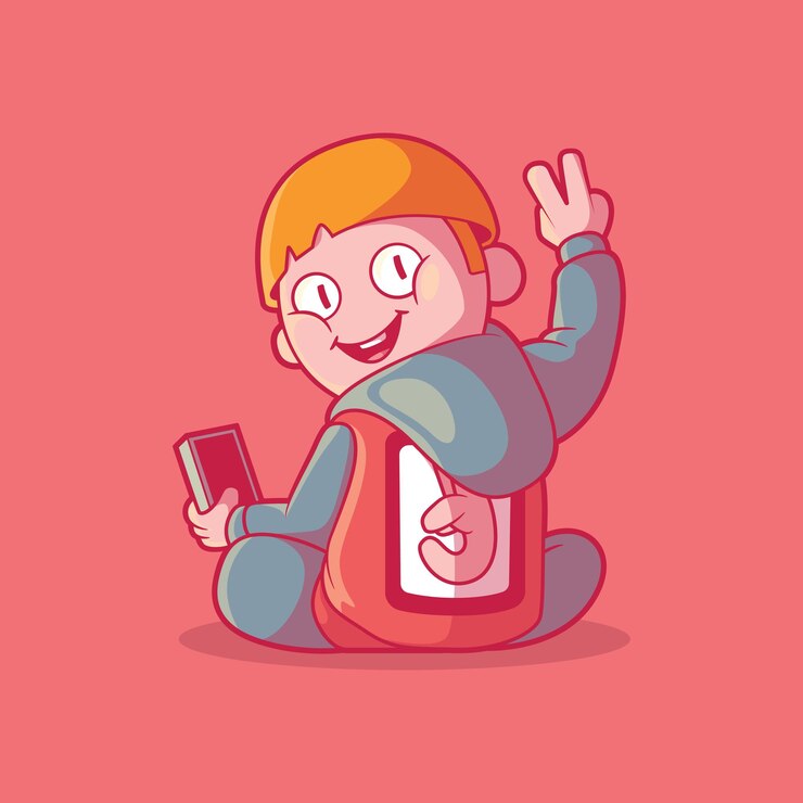 Vetor grátis garoto fazendo a ilustração vetorial de sinal de paz conceito de design de imaginação de tecnologia engraçada