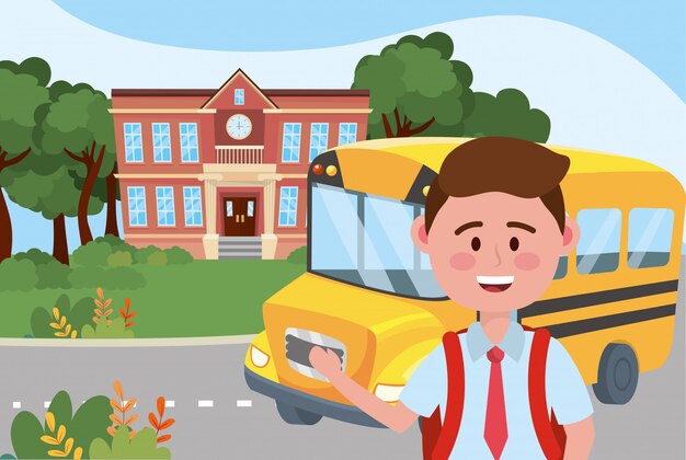 Garoto garoto e escola de ônibus