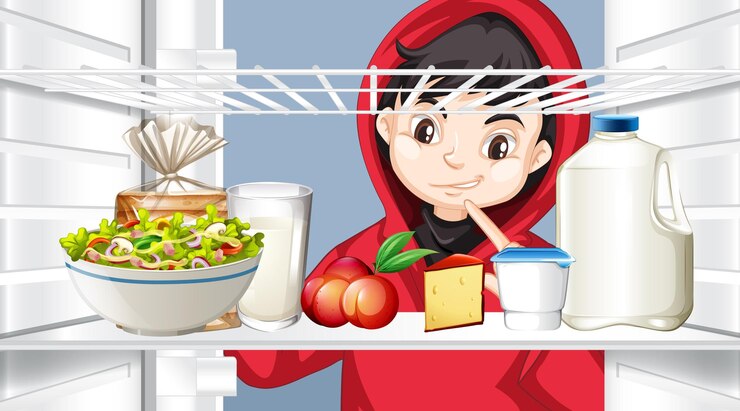 Vetor grátis garoto olhando comida na geladeira