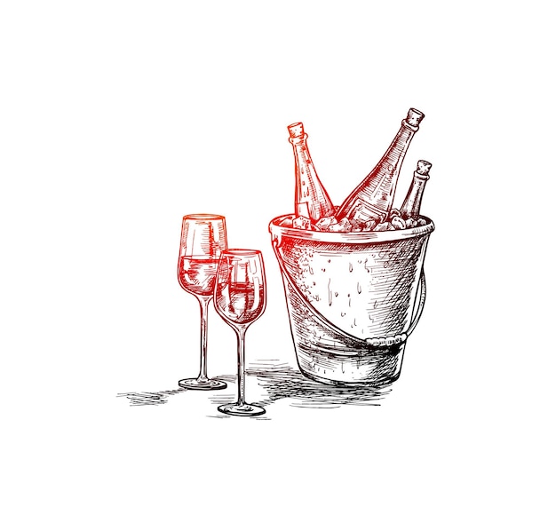 Vetor grátis garrafa de vinho esboço copo de vinho ilustração vetorial de esboço desenhado à mão