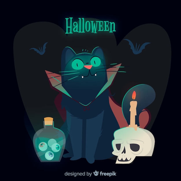 Gato assustador de halloween com design plano