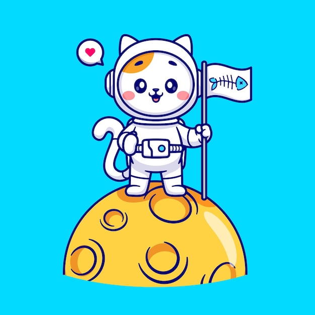 Vetor grátis gato bonito astronauta segurando bandeira espinha de peixe na ilustração de ícone de vetor de desenhos animados da lua. ciência animal