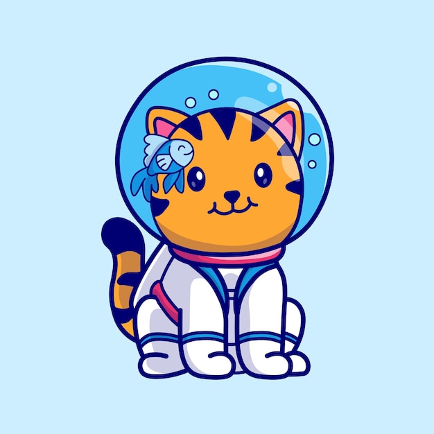 Vetor grátis gato bonito astronauta sentado com peixes no capacete dos desenhos animados ilustração do ícone do vetor. ícone de ciência animal