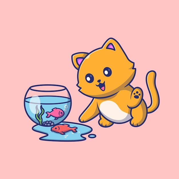 Gato bonito brincando com peixes no aquário cartoon vector ícone ilustração natureza animal isolada plana