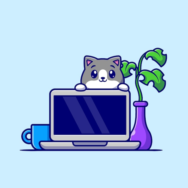 Gato bonito com ilustração de ícone de vetor de desenho animado portátil. conceito de ícone de tecnologia animal isolado vetor premium. estilo flat cartoon