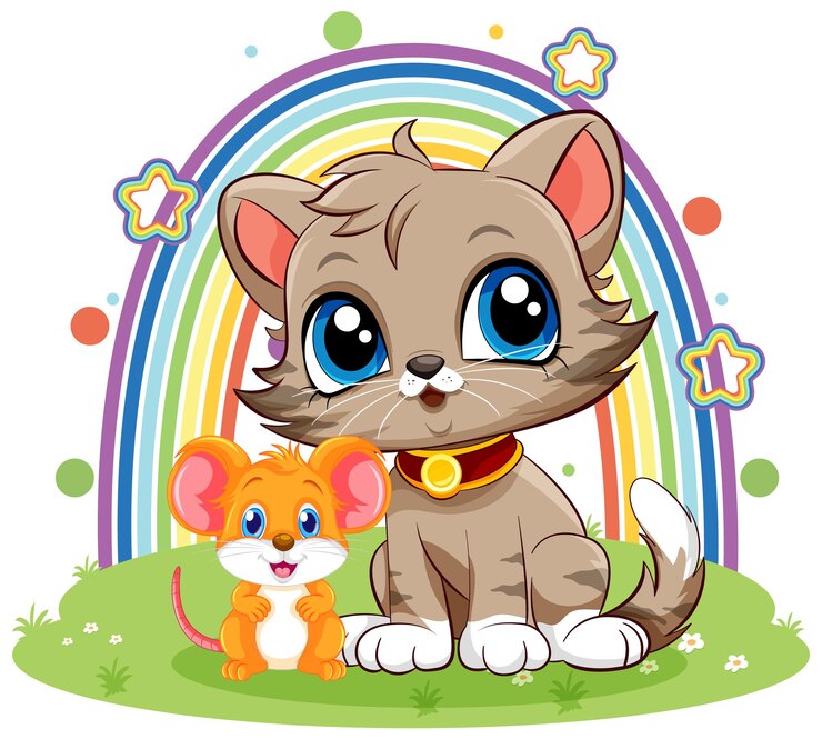Vetor grátis gato bonito com o mouse no estilo cartoon