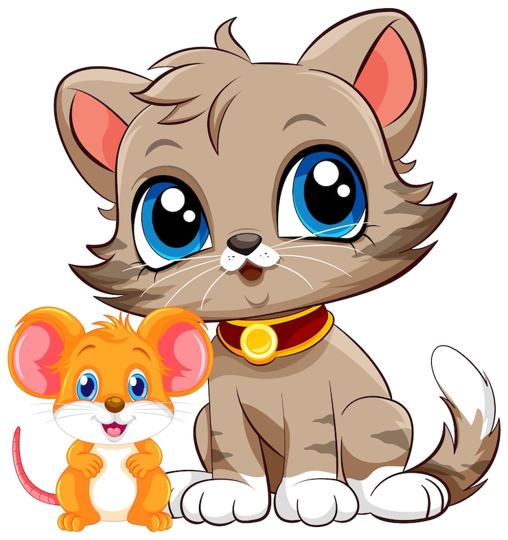 Vetor grátis gato bonito com rato em estilo de desenho animado