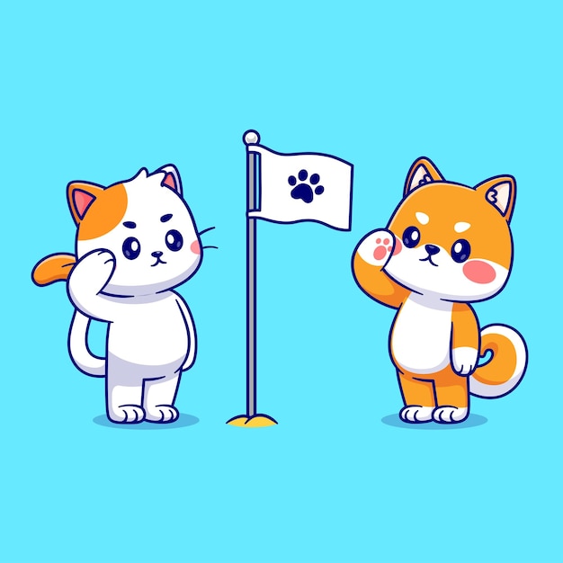 Vetor grátis gato bonito e bonito shiba inu respeito bandeira de pata dos desenhos animados ícone ilustração vetorial ícone da natureza animal