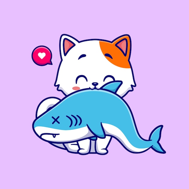 Gato bonito morder tubarão peixe ilustração em vetor ícone dos desenhos animados. conceito de ícone de natureza animal isolado plano