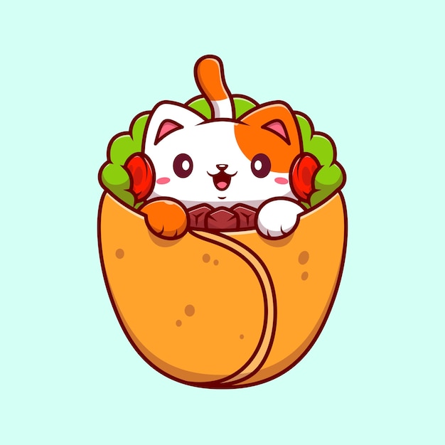 Gato bonito na ilustração do ícone do vetor dos desenhos animados de burrito conceito de ícone de comida animal isolado plano