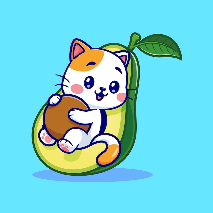 Vetor grátis gato bonito segurando semente em abacate ícone vetorial de desenho animado ilustração ícone de comida animal isolado plano