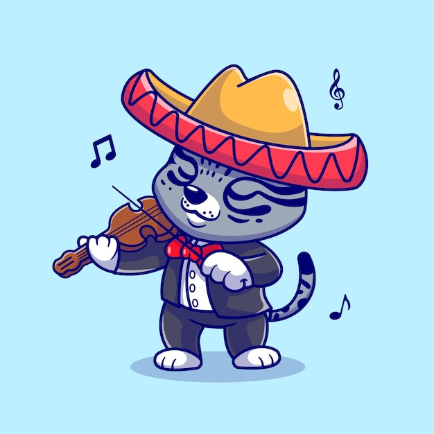 Vetor grátis gato bonito tocando violino com ilustração de ícone de vetor de desenho de chapéu sombrero. música animal isolada