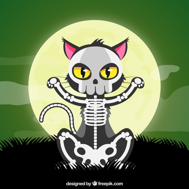 Vetor grátis gato de halloween com esqueleto