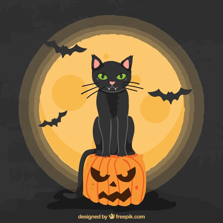 Vetor grátis gato de halloween com lua cheia e morcegos
