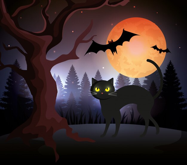 Gato de Halloween com morcegos voando e lua na noite escura