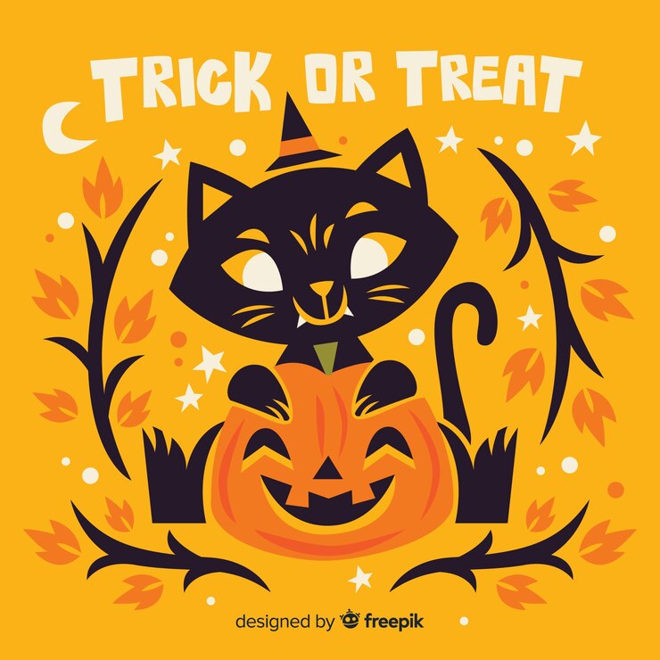 Vetor grátis gato de halloween doce ou travessura plana