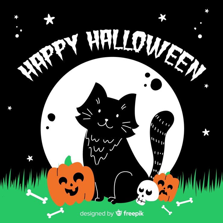 Vetor grátis gato de halloween mão desenhada com mensagem