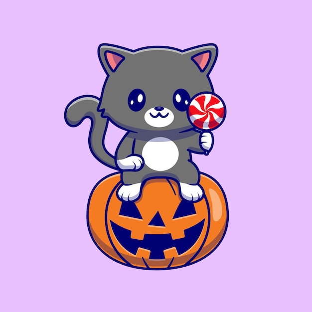 Vetor grátis gato fofo sentado na abóbora de halloween